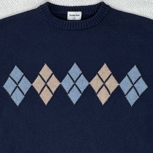 SUNDAY BEST Argyle Sweater Cotton Cashmere Navy Blue, Size XS-S - Picture 6 of 8